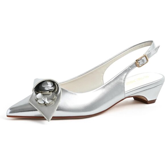 Sicare Slingback Heel Pumps Synthetic Silver Women Flower Block Heel Dress Shoes - Picture 1 of 12